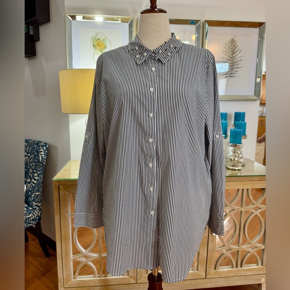Calvin Klein Black and White Pearl Embellished Striped Blouse